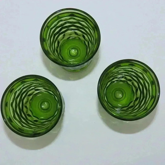 Vintage Indiana Whitehall Green Glasses, Whitehall Colony Cubist MCM Set of 3 - Picture 2 of 5